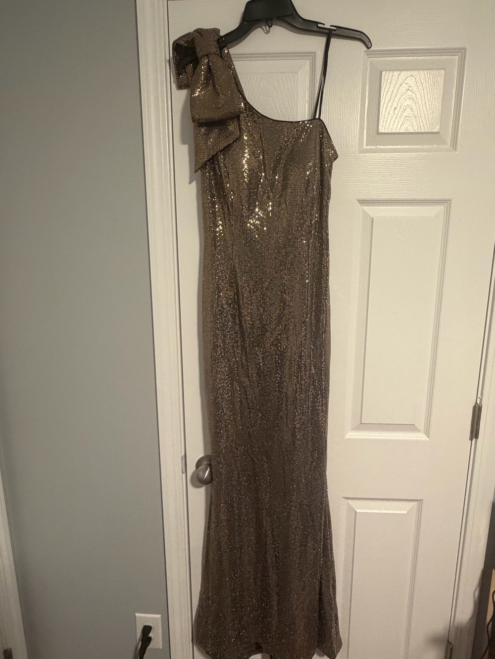 Eliza J One-Shoulder Sequin Gown in Shimmering Gold